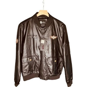 WenVen Leather Bomber Jacket with Military Patches
